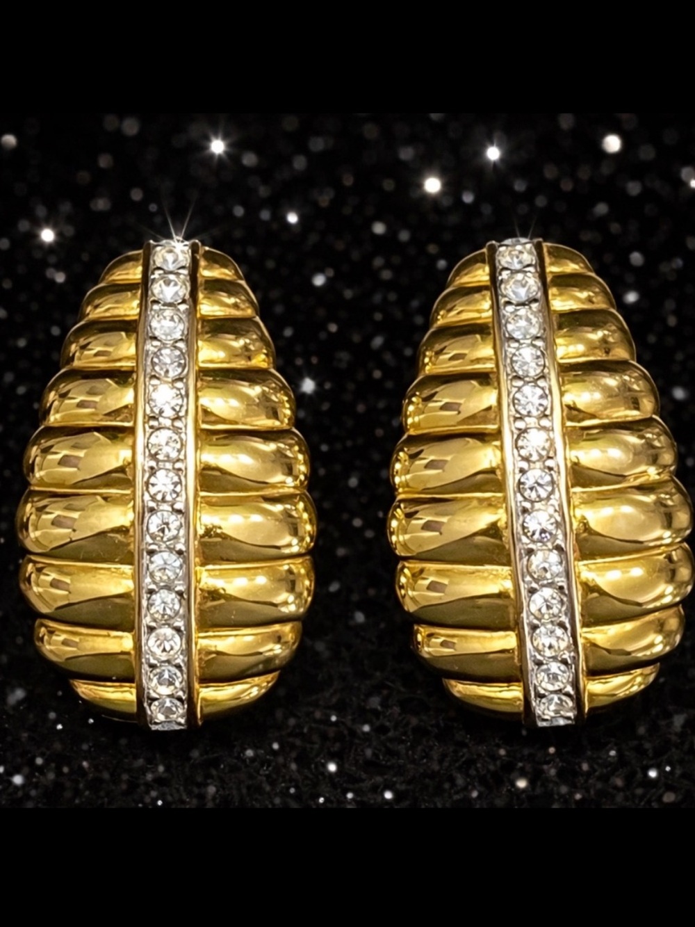 Nolan Miller bold gold ribbed crystal cz clip on drop long earrings vintage QVC